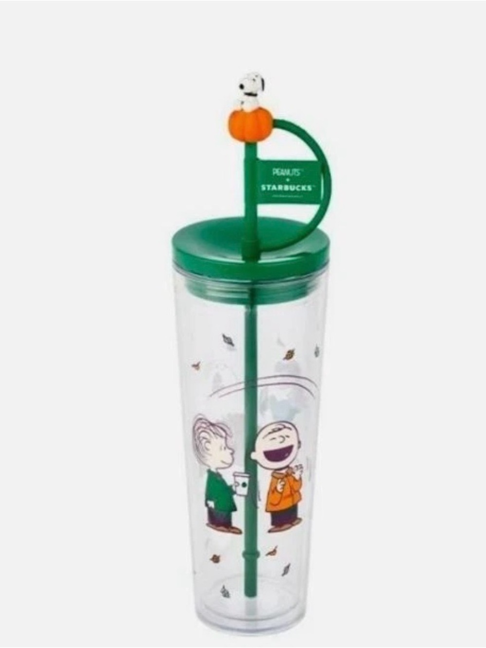 Starbucks Peanuts Kids Green & Orange Snoopy Pumpkin Tumbler with Straw